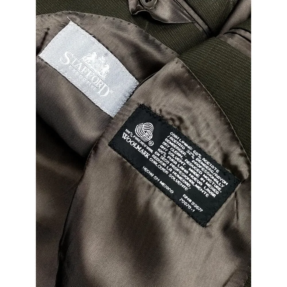 Stafford Mens Olive Green Wool Suit Set 2PC Jacket Pants 38R 29x29 Vintage